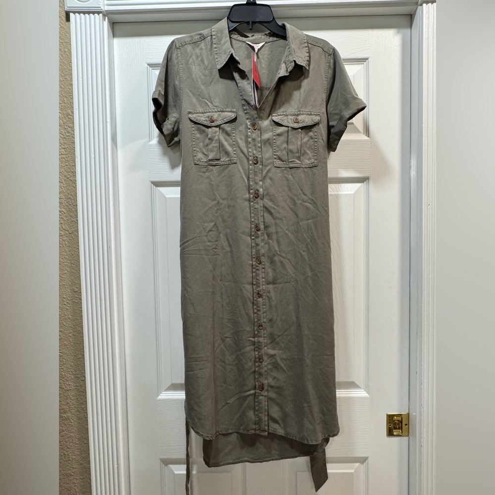 Casual Tan Green Midi Dress with Notched Collar